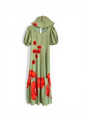 Olive Green Maxi Dress with Red Floral Accents